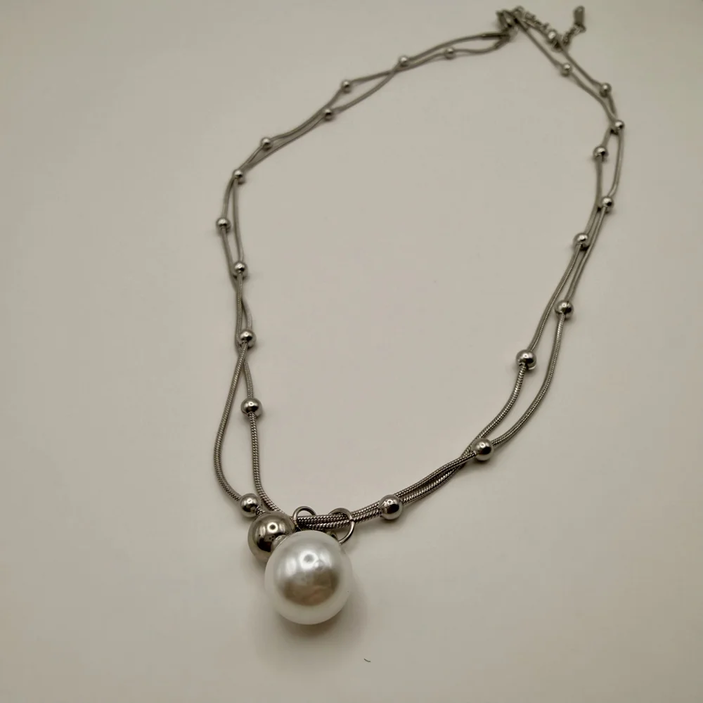 Silver Stainless Steel Layered Pearl Pendant Necklace Dainty Jewelry